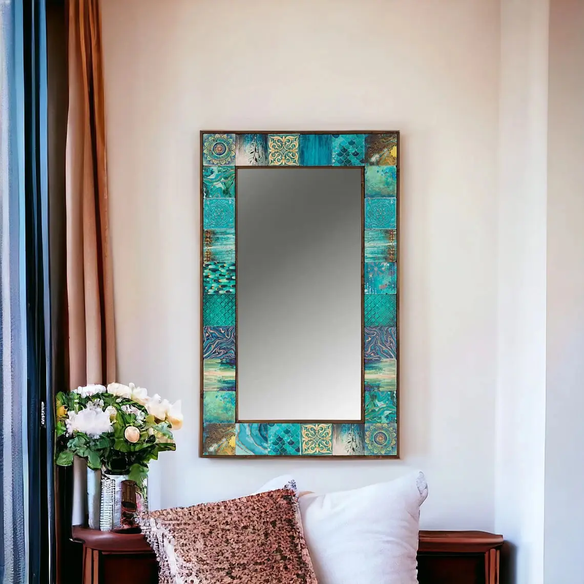 Wall Hanging Mirror, Handcrafted Blue Tile Ceramic Stone Large Pier Glass Mirror, Home Decor Bohemian Style Wall Decor Traditional Nature