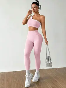 SLYNVIA Seamless One Shoulder Yoga Camisole Butt Lifting High Elasticity Workout Two Piece Set