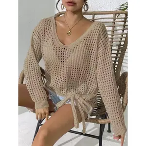 Women's Plus Size Hollow Out Drop Shoulder Knit Sweater, Casual Loose-Fitting Spring & Fall Fashion, Thin Fabric, Knot Design