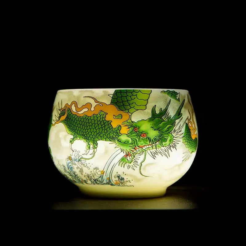 Master handcrafted auspicious dragon sheep tallow jade master cup; ceramic master cup; tasting cup; gongfu tea cups; Jianzhan gift box set
