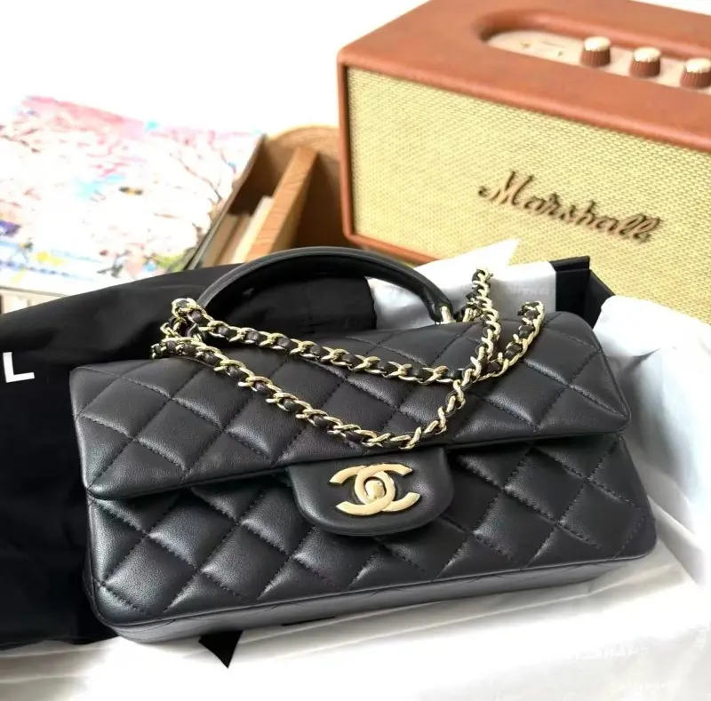 ‮ LENAHC  ‬Classic Flap With Top Handle Black Lambskin Quilted Gold Chain Crossbody Bag