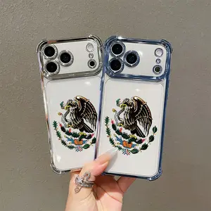 Mexican Golden Eagle Emblem and Flag Pattern Design Four-Corner Airbag Anti-Fall Phone Case,for iPhone 17 Pro Max Phone Case 17 Air 16 E 15 Plus 14 13 12 11 X XS XR, Samsung Galaxy S22 S23 S24 S25 ULTRA FE Plus EDGE