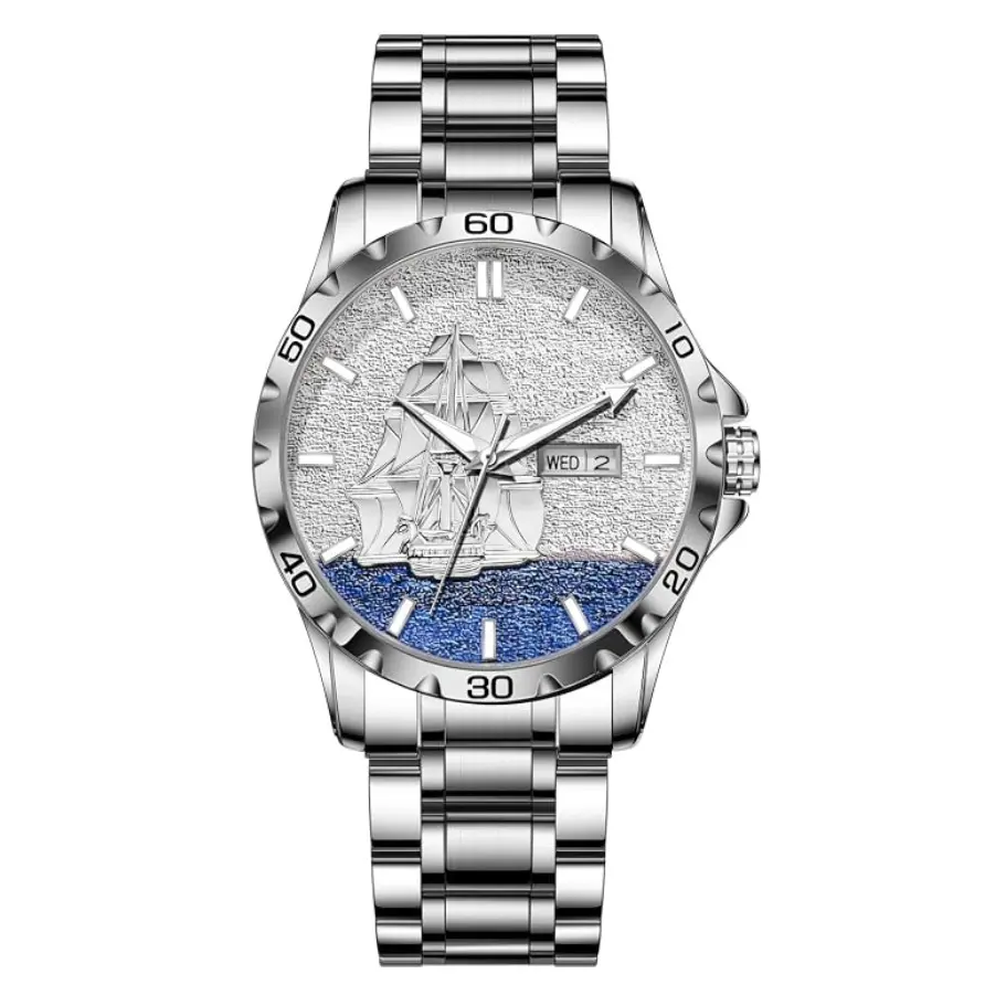 Men's Self-Winding Automatic Mechanical Watch, Sailboat Pattern Dial, Stainless Steel Band, Day Date Calendar Luminous 3ATM Water Resistant Business Wrist Watch Gift For Men