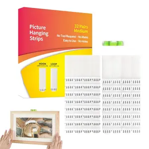 32-Pairs(64 Strips) Medium Picture  Strips Heavy Duty,  Free Picture Hangers, Hook and Loop Tape, Removable Adhesive Strips for Frame , Christmas Decorations, and Living Spaces.