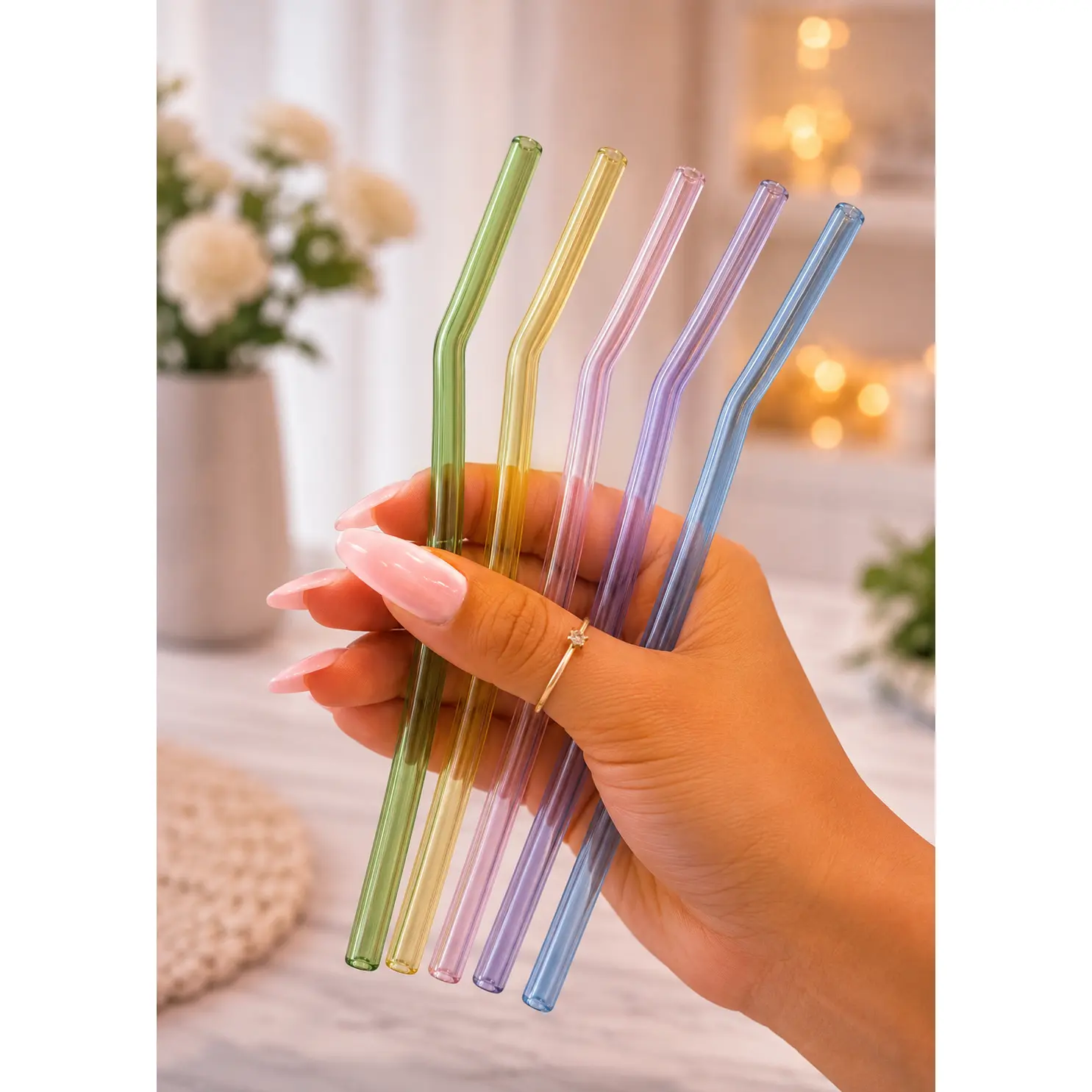 Pastel Luxe Glass Straw Set – Reusable Curved Drinking Straws