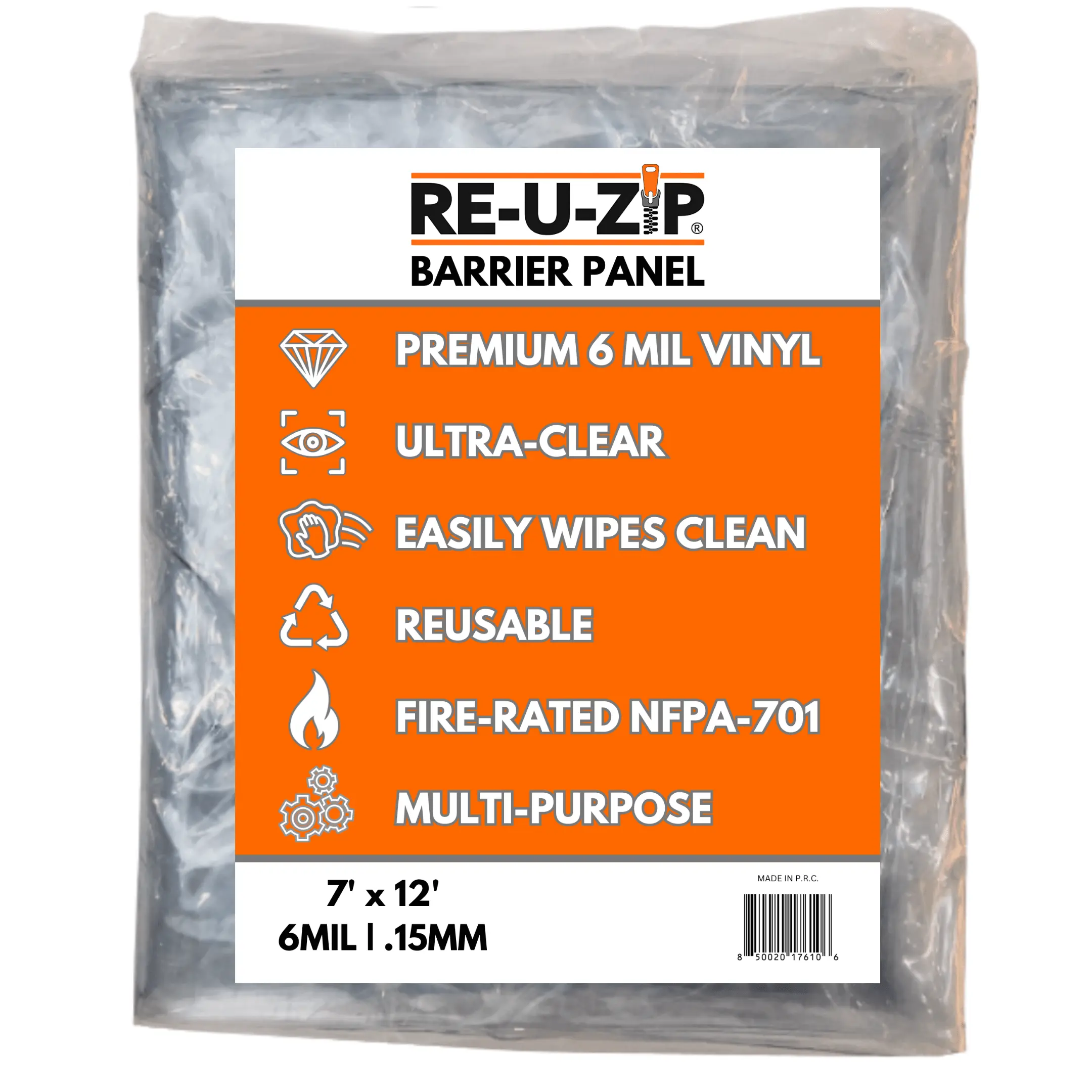 RE-U-ZIP® Ultra-Clear Fire-Rated 6 Mil Premium Vinyl Barrier Panel 7' x 12' UCBPXL Reusable & Durable Multi-Purpose Cover