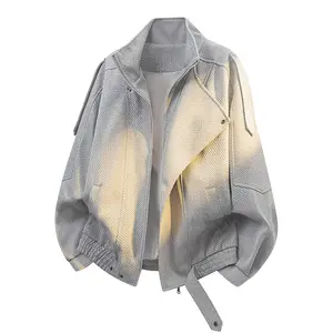 Men's Gray Textured Oversized Jacket, Asymmetric Belted Stand Collar Streetwear Coat