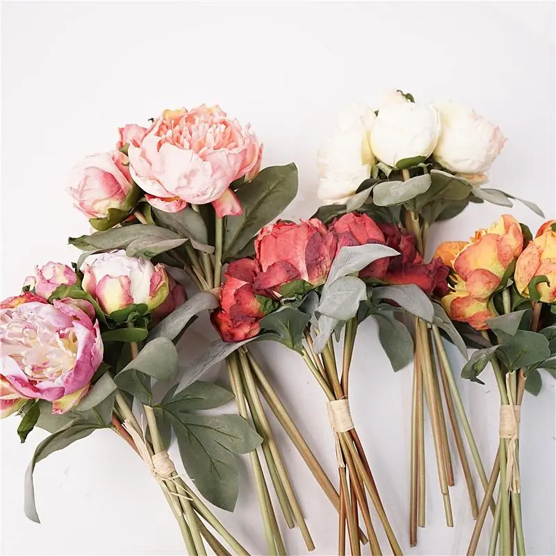 Vintage Orange Silk Fake Peony Flowers - 2 Bunches with 14pcs Peony Heads, Iron Wire Stem, Realistic Look Decorative Blooms for Universal Home Decor Centerpieces, Terracotta Wedding Table Toppers (Flower Arrangements Compatible)