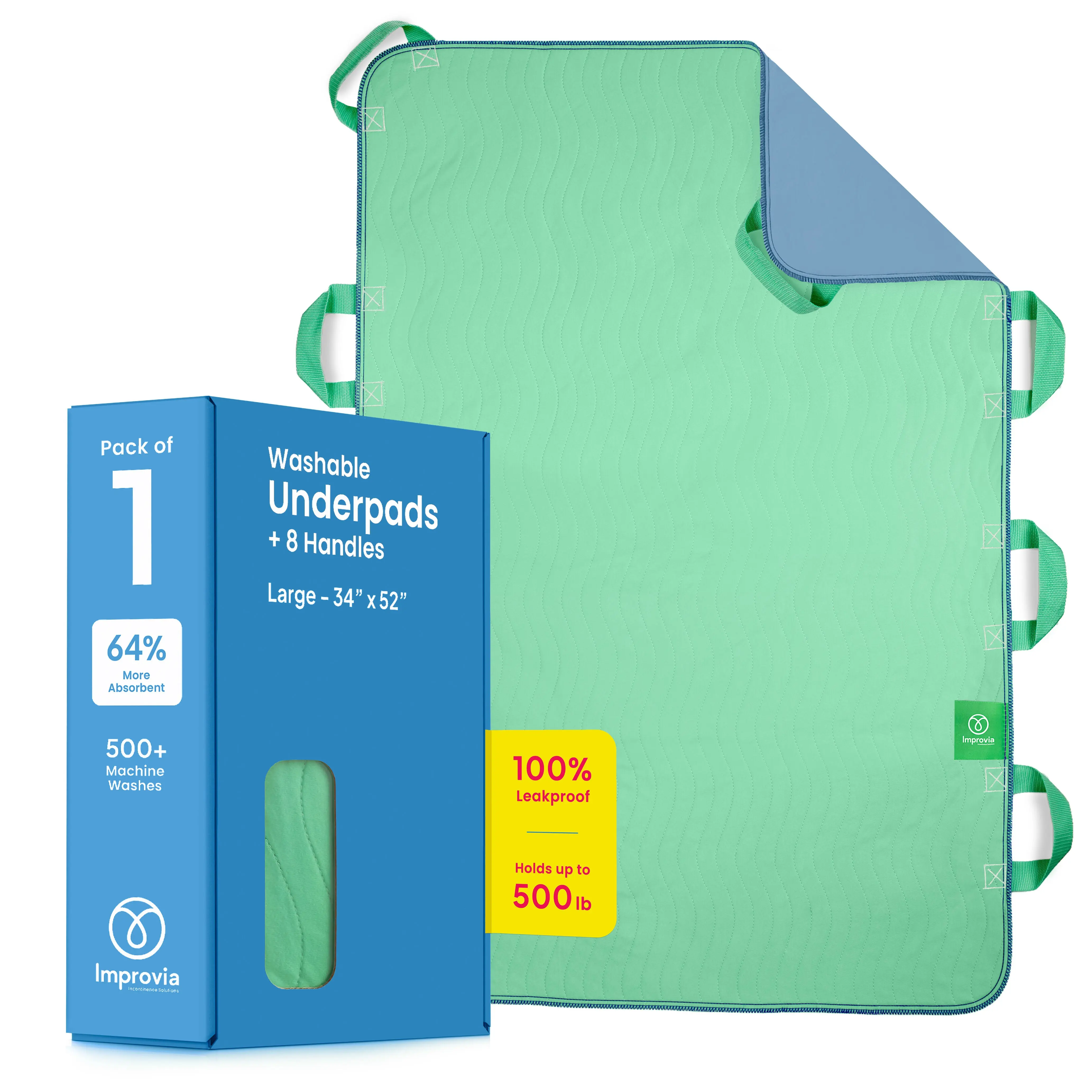 Improvia Washable Positioning Bed Pad – Quick Drying Water Proof Pad with 8 Reinforced Handles – Leakproof Pad For Lifting, Turning, and Transferring Elderly or Incontinence Patients.