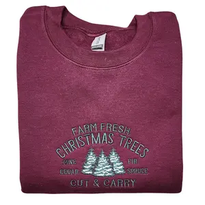 Embroidered Farm Fresh Christmas Trees Sweatshirt - Christmas Tree Farm - Farm Fresh Cut & Carry Embroidered Unisex Sweatshirt