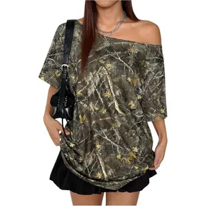 Women's Y2k Camo T Shirt Off The Shoulder Short Sleeve Summer Tops Streetwear T Shirt