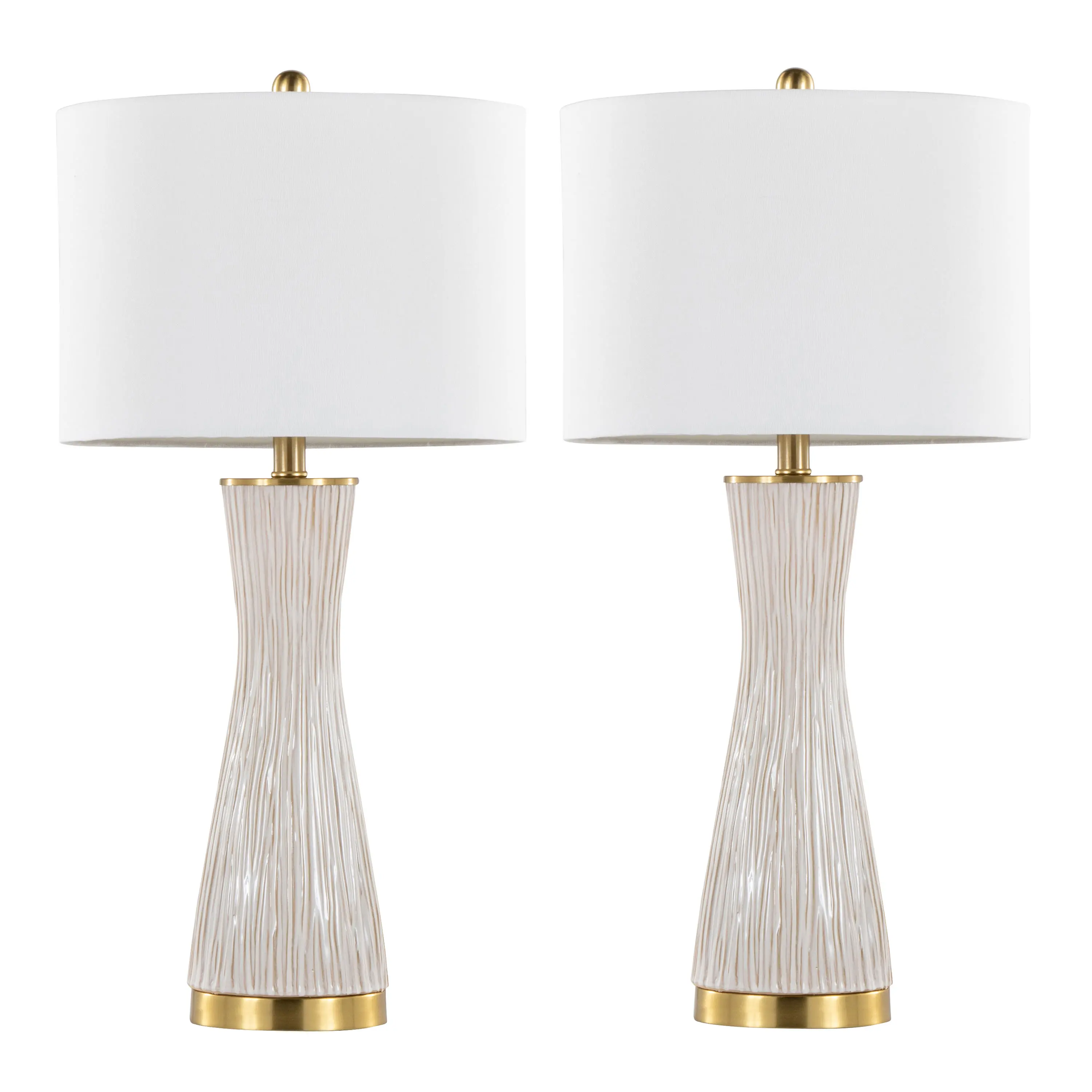Set of 2 White Ceramic Table Lamps with Gold Base and Linen Shade