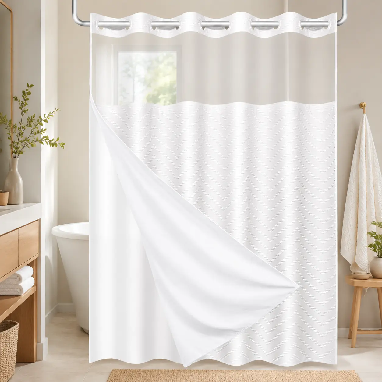 Hook-Free Boho Tufted Chevron Striped Shower Curtain with Snap-In Magnetic Liner, Modern Textured, Sheer Window, Waterproof 3-in-1 Set