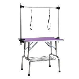 Folding Dog Pet Grooming Table Stainless Steel Frame Rubber Mat on Board with Adjustable Arm and Clamps pet dog Cat Grooming Table (PURPLE COLOR)