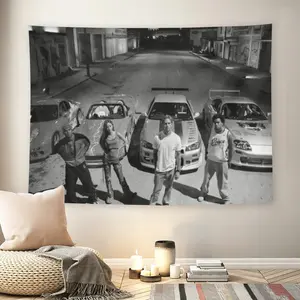 The Fast and the Furious Black White Crew Wall Flag, Classic Car Street Racing Tapestry, Living Room Wall Decor, Vintage Room Decor, Mid-century Modern Motorsport Room Decor for Adult Fans, 2000s Movie Nostalgia Wall Hanging