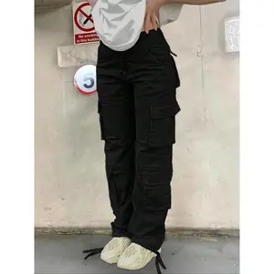 Women's Plain Button Pocket Cargo Pants, Casual Street Drawstring Trousers for Daily Wear, Ladies Bottoms for All Seasons