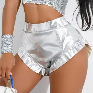 Shiny PU Leather Metallic Booty Shorts For Women Sexy Ruffle High Waist Hot Pants Slim Fit Club Dance Shorts Festival Bottoms