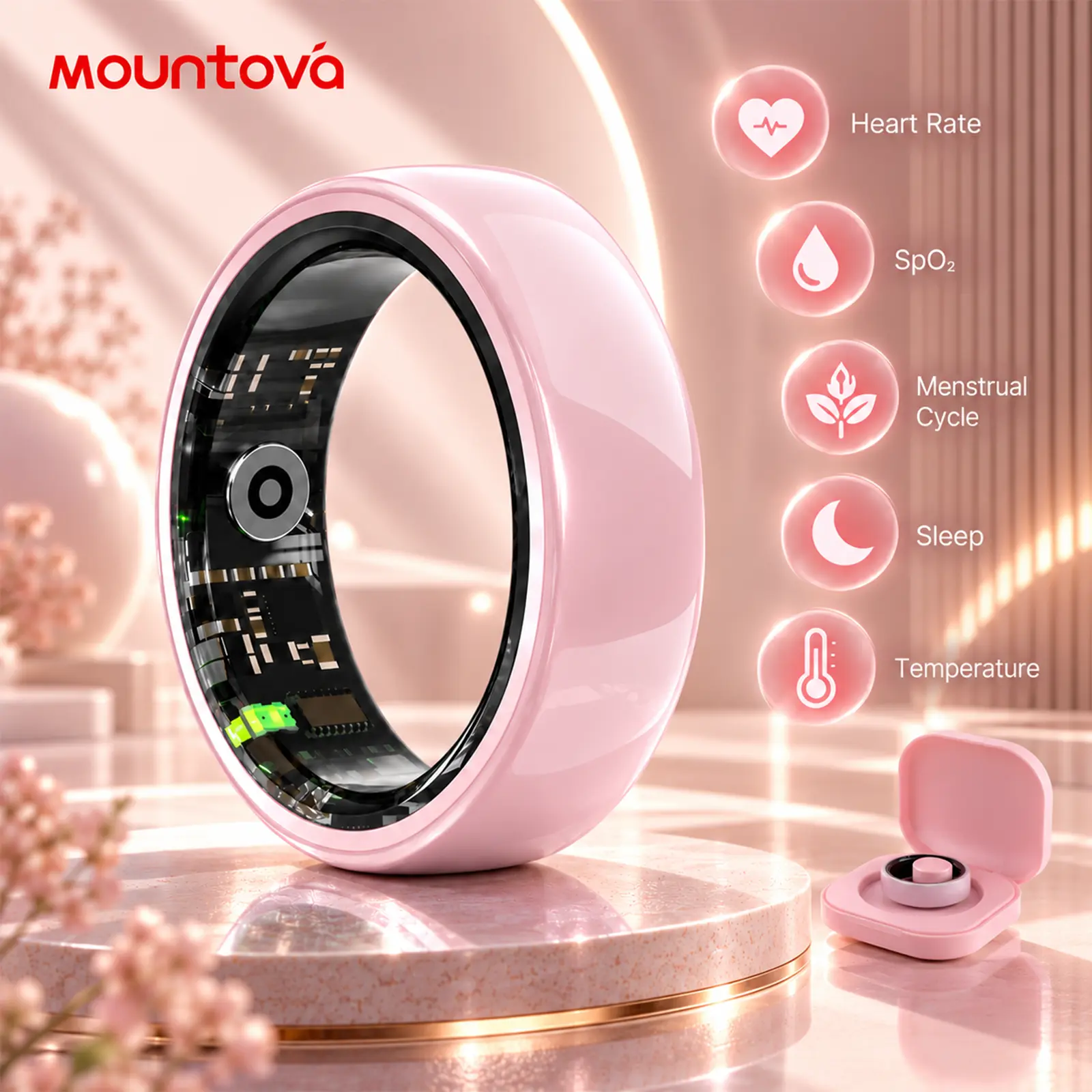 Mountova AI Smart Ring for Women & Men, Ceramic & Stainless Steel, Heart Rate, Blood Oxygen, Sleep & Stress Tracker, 5ATM Waterproof, 2.9g Slim Design, 5-7 Day Battery, Pink, White, Black, Rose Gold, Gunmetal, Charging Case, iOS & Android