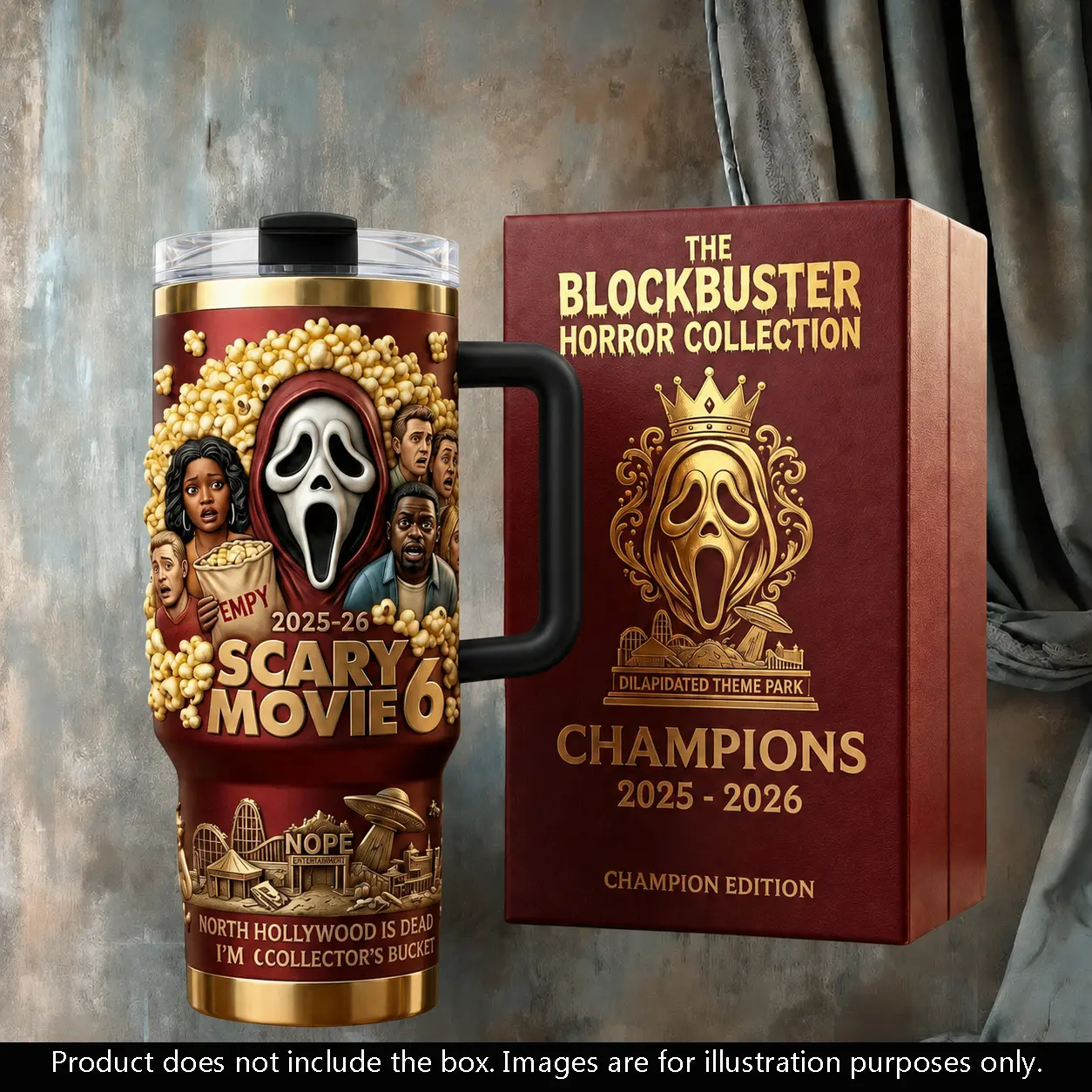 Horror Movie Killer Popcorn Bucket Champions Tumbler 40oz, Stainless Steel Insulated Travel Mug With Handle, Horror Movie Fan Gift