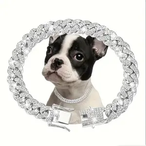 2026 Pet Collar with Alloy Inlaid Rhinestones, 13mm Cuban Chain, Suitable for Large, Medium, and Small Cats and Dogs