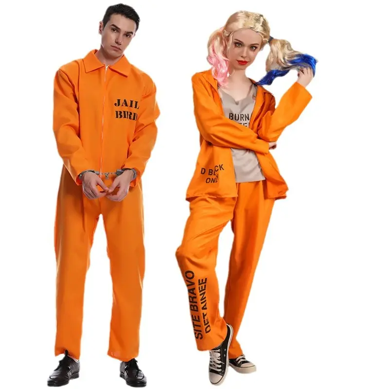 Adults' Orange Prisoner Costume Jumpsuit Set, Lightweight Full-Zip Inmate Coverall with Detachable Chains and Cap for Couples Halloween Parties, Cc914 Men's Model