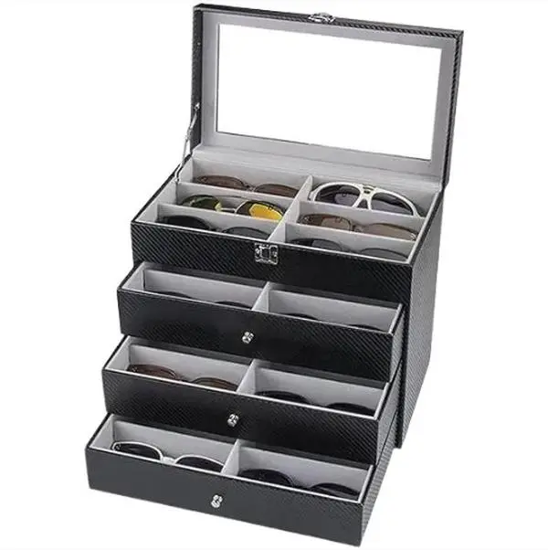 Vintage PU Leather Eyeglasses Organizer with 4 Drawers, 24-Slot Waterproof Display Case, Unisex Fashion Jewelry Storage Box with Latch, Multifunctional, Durable