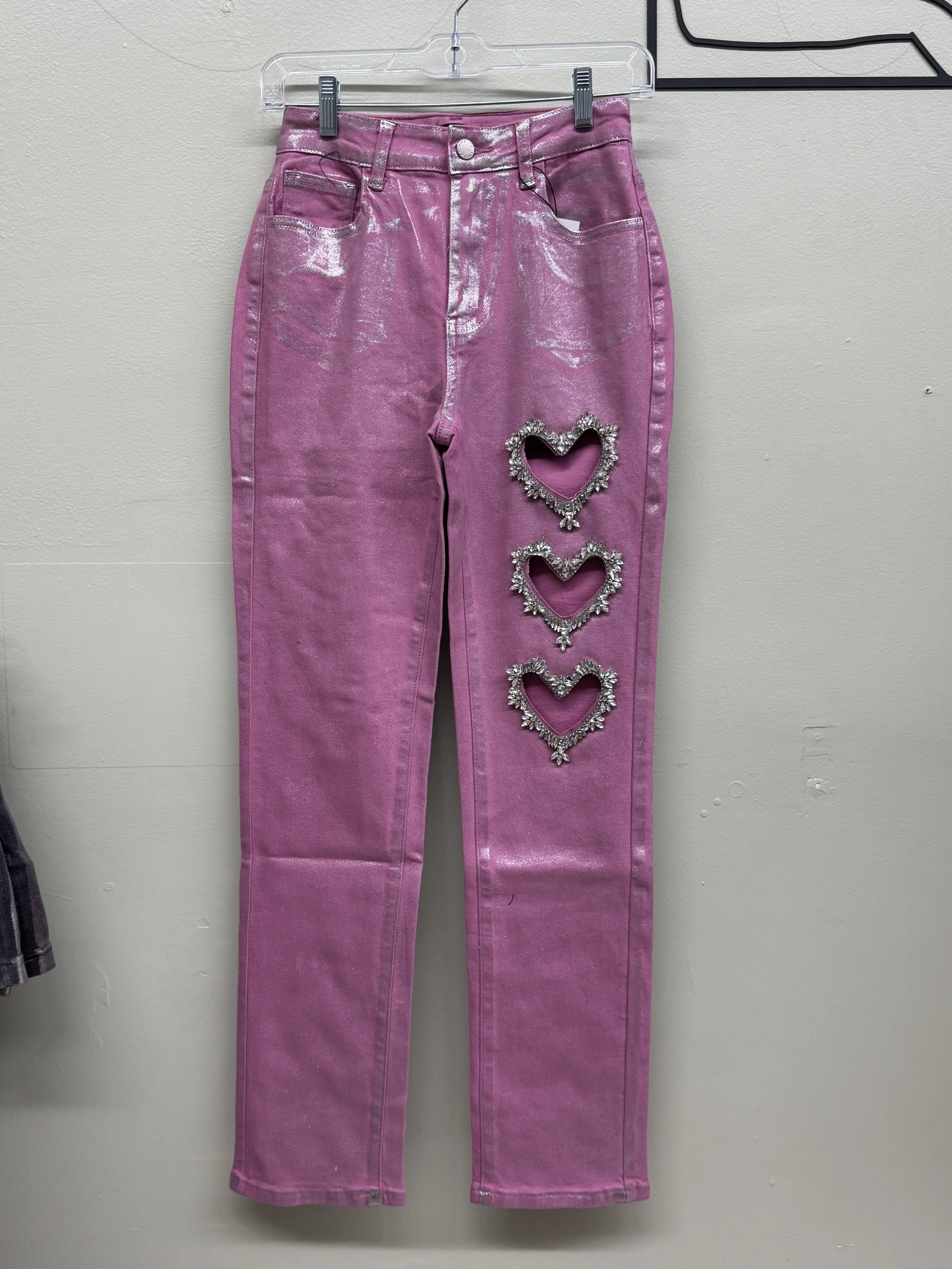 Women Triple line Heart Skinny Metallic Rhinestone Denim jeans