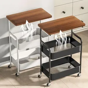 Versatile 3-Tier Rolling Utility Table Set – Wooden Tabletop, Metal Frame, Lockable Wheels – Multipurpose Organizer for Kitchen, Bathroom, Office, Living Room – Space-Saving, Sturdy