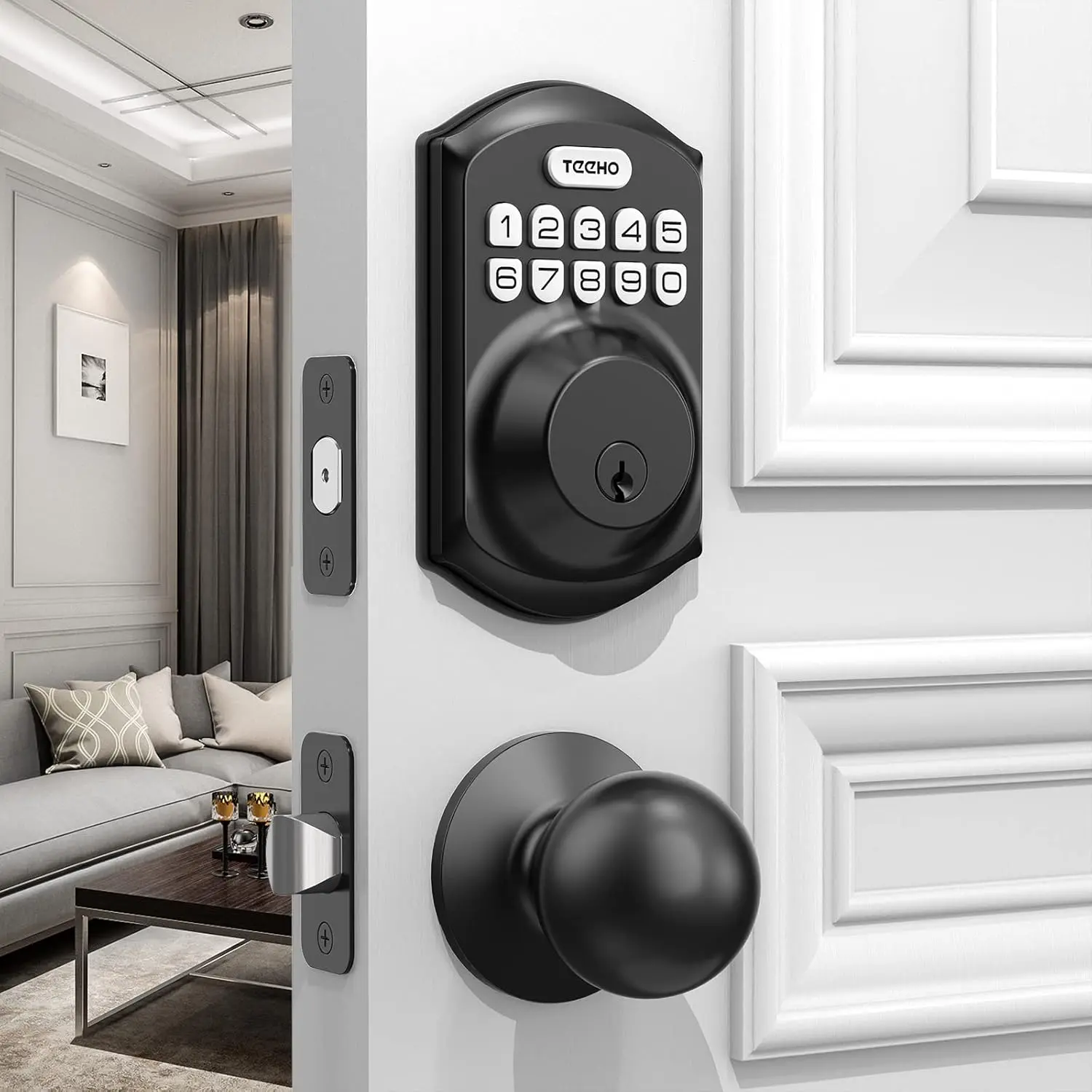 TE001K Keyless Entry Door Lock with Handle, Electronic Keypad Deadbolt with 2 Knobs, High-Security Front Door Handle Set for Home & Rental, Smart Auto-Locking, Easy Install, Matte Black