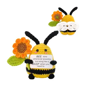 Handmade Crochet Flower Bee with Cheer Up Card, Knitted Cute Bee Doll for Desk Decor, Perfect Birthday & Xmas Stocking Stuffers Gift for Girls, Handmade Crochet Figure