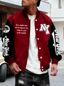 Trendy Baseball Jacket New York Style with Ny Letter Design, Colorblock Sleeves, Button Closure, Fitted Outerwear for All Seasons