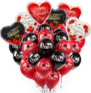 Big Happy Valentines Day Balloons - Black and Red Heart Shaped Balloons, I Love You Balloons | Romantic Decorations Special Night | Heart Balloons, Valentines Balloons Décor