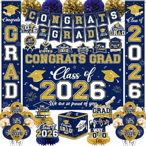 Navy Blue and Gold 2026 Graduation Decorations All-in-1 Kit with Congrats Grad Banner Backdrop Porch Sign Balloons Centerpieces Card Box Pom Poms Streamers for College High School