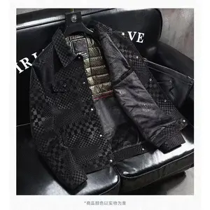 Men's checkerboard leather lapel leather jacket spring autumn winter men's leather jacket leather jacket
