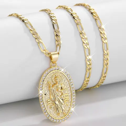 14k Gold Plated St Jude Pendant Necklace, Fashion Religious Chunky Chain Charm Necklace for Party and Daily Wear, Trendy All-Match Exquisite Jewelry Birthday Gift, Faith Pendant, Faith Style Necklaces