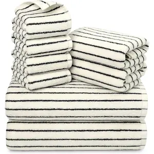 8 Pieces Black and White Striped Towel Set - Super Soft Absorbent Cotton Towels for Bathroom Decor, Includes 2 Bath Towels, 2 Hand Towels & 4 Washcloths