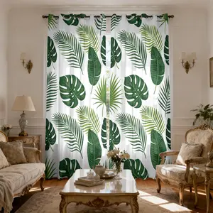 Tropical Plant Bamboo Pattern Print Light Filtering Curtains, Sheer Curtains 84'' Length 2 Panels,Semi-Transparent Sunshade for Teen Girls Boys Bedroom Living Room Dining Window Curtain