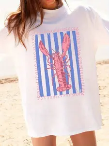 Lobster And Blue Striped T-Shirt, Coastal Lobster Graphic Tee, Nautical Summer Shirt, Beach Vacation Seafood Lover Tee, Cute Ocean Aesthetic Top, Gift for Men Women