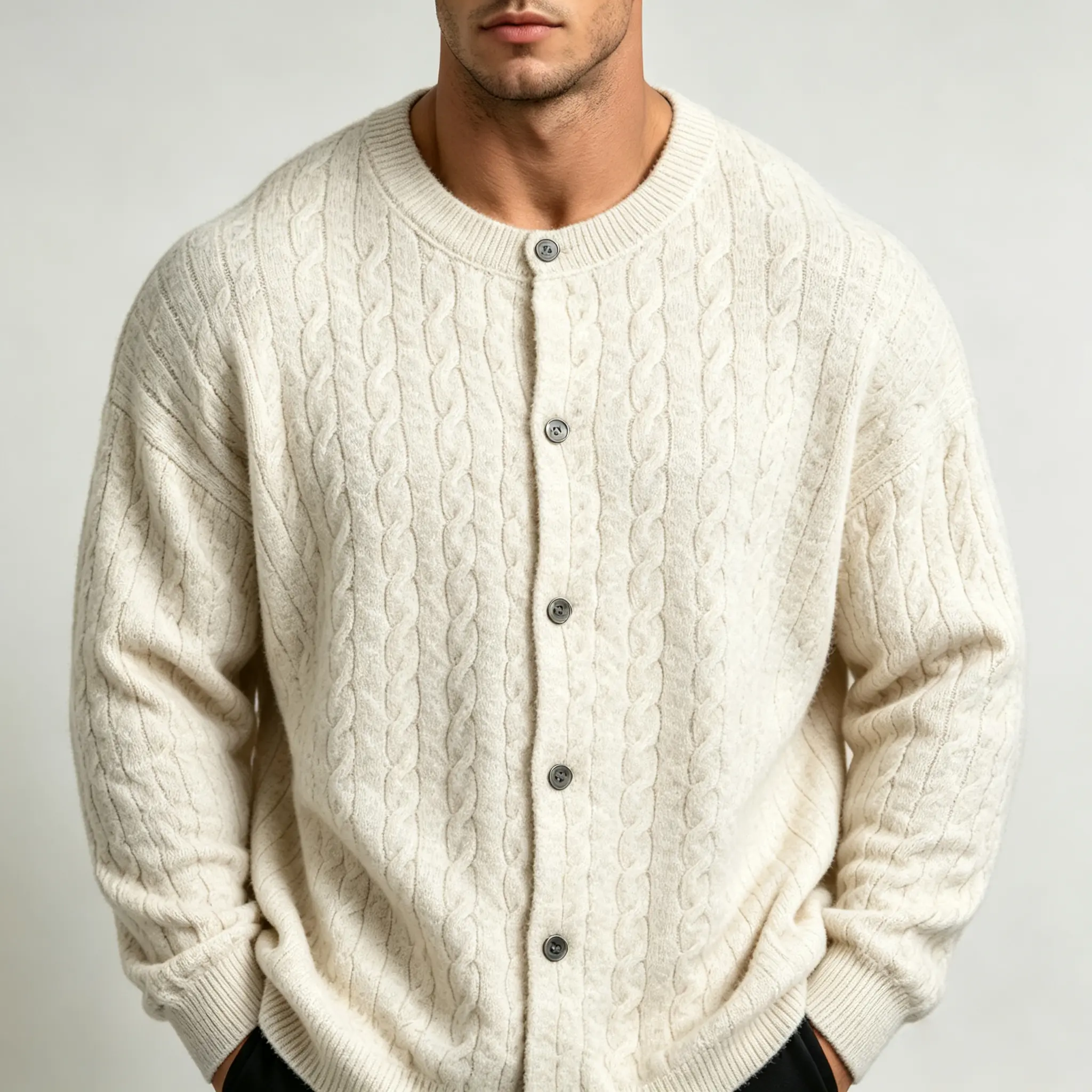 Men’s Vintage Thick Smooth Long-Sleeve Heavy-Weight Cable-Knit Crew Neck Cardigan - Wool Blend Relaxed Drop-Shoulder Buttoned Casual Sweater Jacket for Autumn-Winter Menswear Fabric