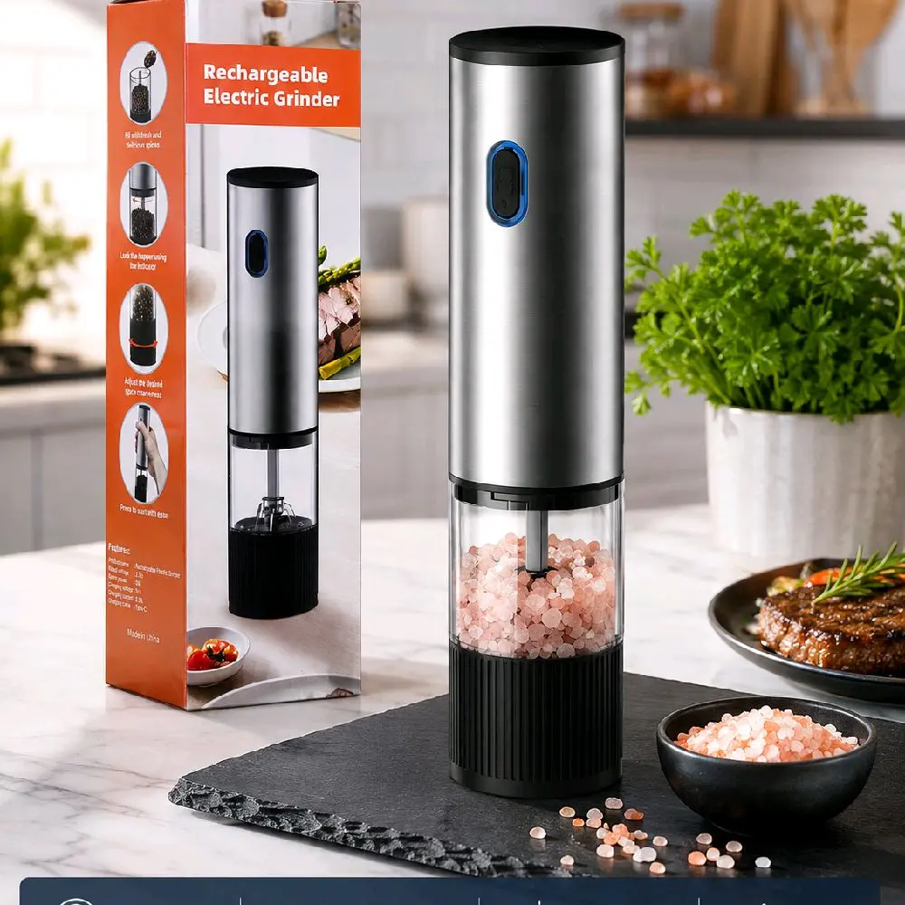 Rechargeable Electric Salt & Pepper Grinder – USB Type-C, Adjustable Coarseness, One-Hand Operation, Stainless Steel Automatic Spice Mill