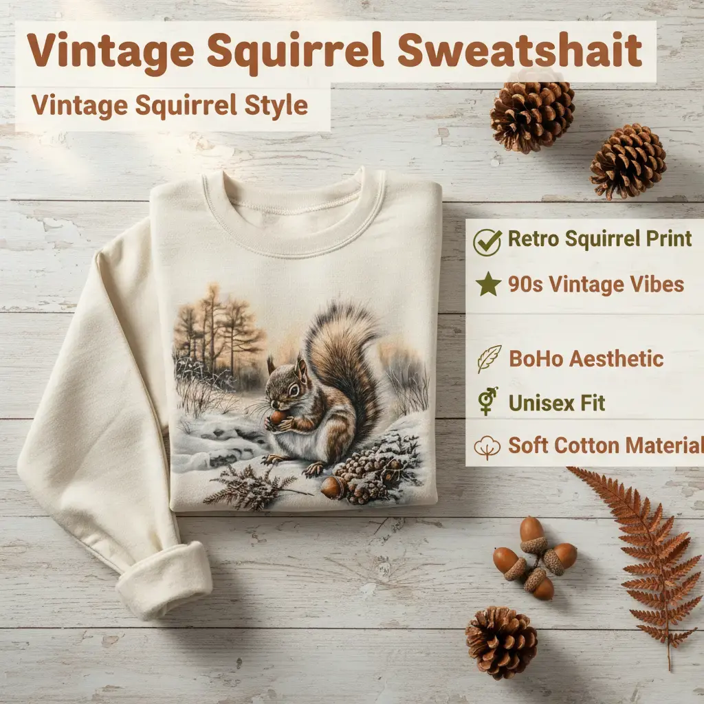 Retro Squirrel With Acorns Winter Forest Scene Sweatshirt 90s Vintage Cute Animals Outfit - Boho Unisex Cotton