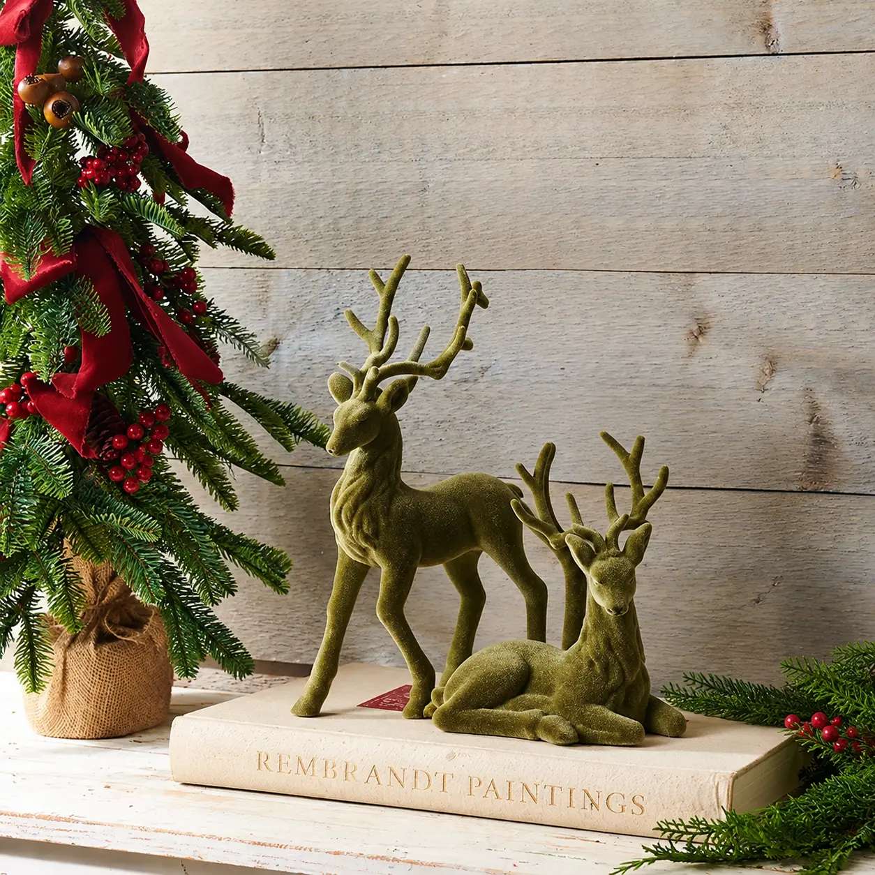 ANTIQUE FARM HOUSE Medium-Scale Plastic Faux Green Velvet Standing Deer Figurine Set of 2 - Durable Plastic Decor, Velvet Finish, Farmhouse Porch Decoration, Antler Decoration Christmas Decor