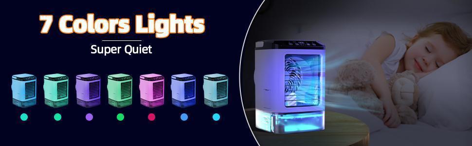 Portable Air Conditioner 4-in-1 Mini Personal ac Unit Upgraded Air Cooler Cooling Fan Small Air Conditioner 900ml Tank 3 Cool Mist & Speeds & 7 Night Light for Room Office Camping Car
