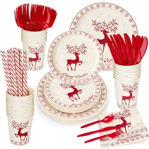 【GARVEE】215 Pcs Christmas Plates and Napkins Set Serve 25, Christmas Elk Disposable Tableware Set, Christmas Decorations Includes Plates, Cups, Napkins, Christmas Tableware