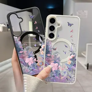 Magnetic Phone Case for Samsung Galaxy S24 Plus S25 Ultra S23 FE Ultra S22+ Butterflies and Flower Clusters Pattern TPU Shockproof Anti-Scratch Durable Stylish Smartphone Cover