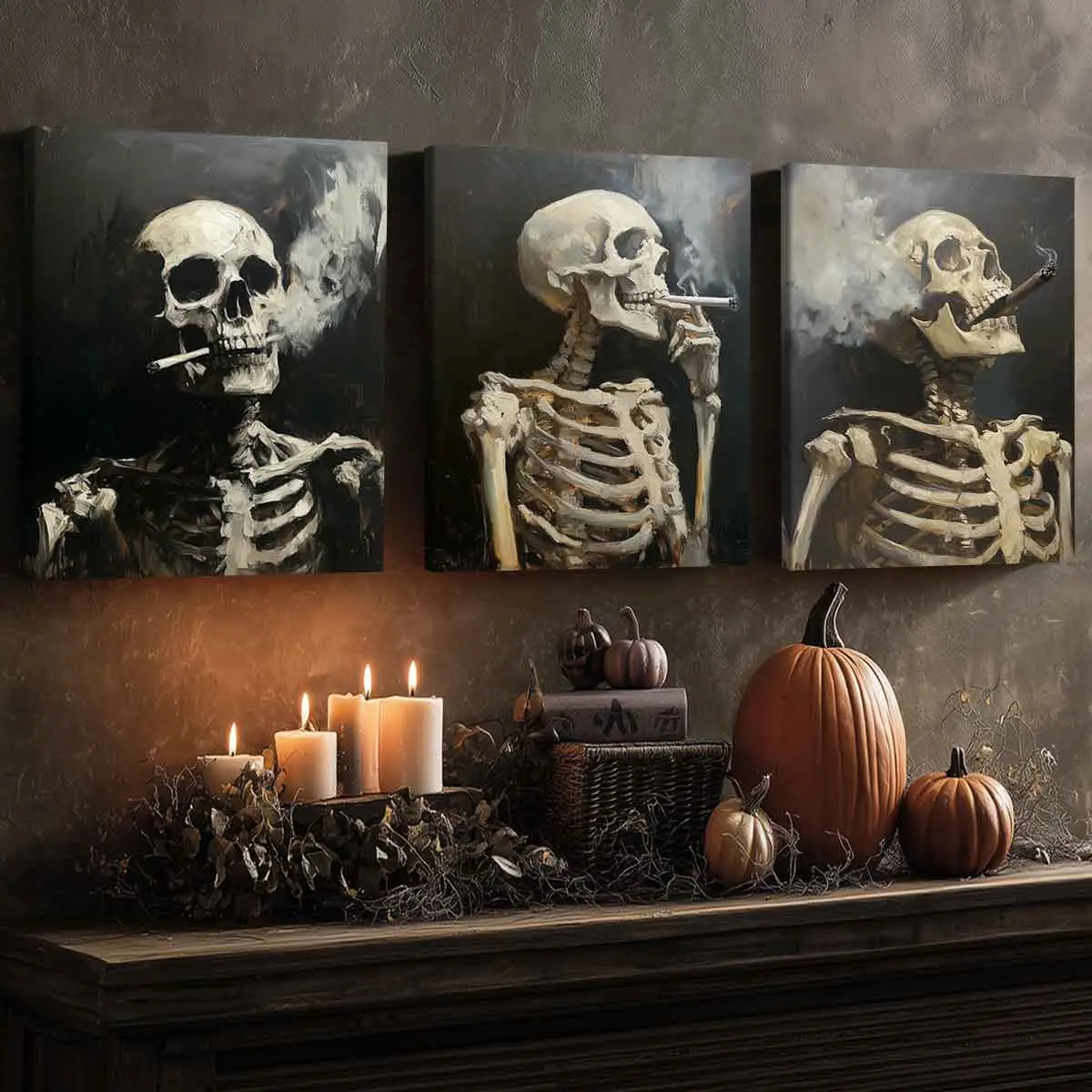 3 Counts Wooden Framed Canvas, Smoking Skeleton Character, Halloween Home Poster, Halloween Party Decorations, Home Hanging Paintings, Horror Theme, Artistic Indoor Decoration, Interesting Posters, Gifts, Art, Wooden Wall Art, Wall Prints