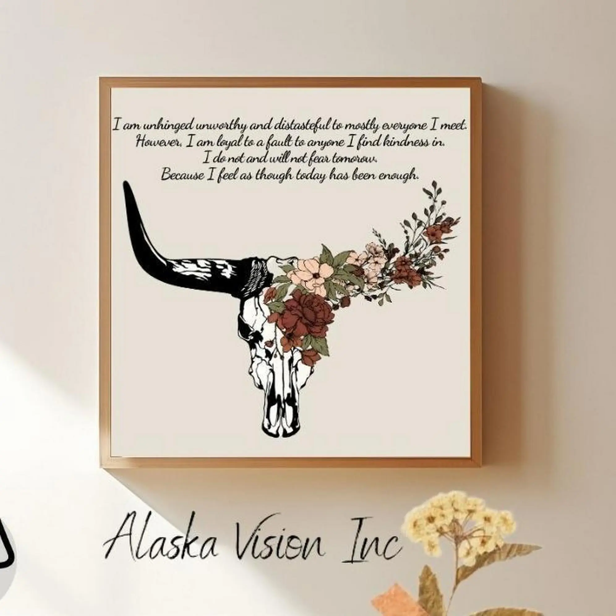 Longhorn Bull Skull With Flower - Fear and Fridays Poster No Frame, Country Music Lyrics, Fear And Friday’s (poem), Western Decor -Home Decoration