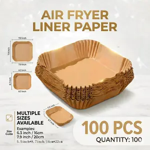 100 pcs nonstick air fryer paper liners, thickened kitchen air fryer liners, disposable double-sided silicone baking paper, multiple sizes including square 6.3 in × 6.3 in (16 cm × 16 cm), square 8 in × 8 in (20 cm × 20 cm), rectangular 5.5 in × 8.7 in (1