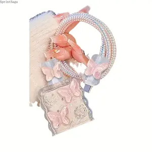 Cute Pink Butterfly Glue‑Style Protective Case, 20W Fast Charger Head Cover for Apple Charger, Anti‑Break Anti‑Tangle Data Cable Protector, Soft Durable Cable Sleeve, Stylish Decorative Phone Charging Accessory, Anti‑Scratch Protective Cover for Daily Cha