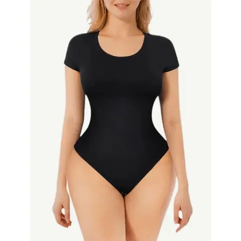 Seamless Thong Bodysuit Shapewear for Women - Short Sleeve Tummy Control, Breathable 92% Nylon 8% Spandex, Snap Crotch, Full Back Coverage, Gentle Bust Support, Invisible Under Dresses & Pants